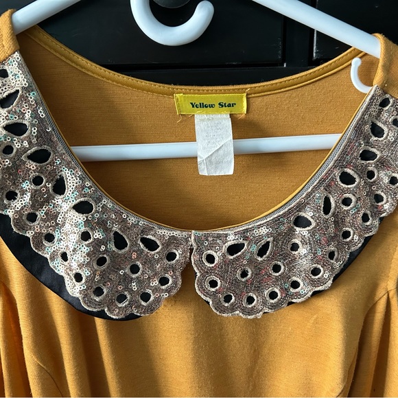 ModCloth A-line Mustard Dress with Sequin Peter Pan collar - Picture 2 of 3